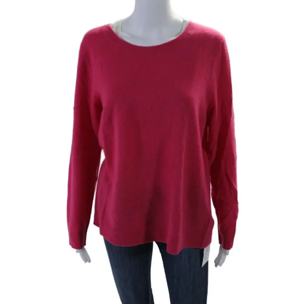 Tahari Womens Cashmere Long Sleeved Round Neck Knit Ribbed Sweater Pink Size XL